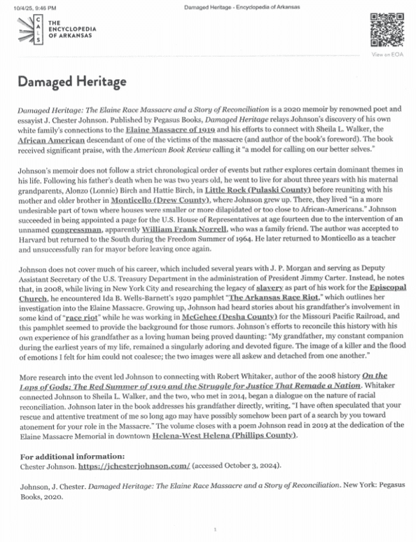 Write up of "Damaged Heritage" as it appears in the Encyclopedia of Arkansas.